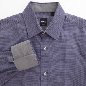 BOSS Hugo Boss Mens Dress Shirt Blue Micro Houndstooth Slim Fit Size Small